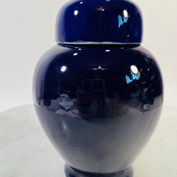 Vtg Japanese Cobalt Blue Porcelain Ginger Jar Vase Lid HandPainted Floral Design - Picture 2 of 8